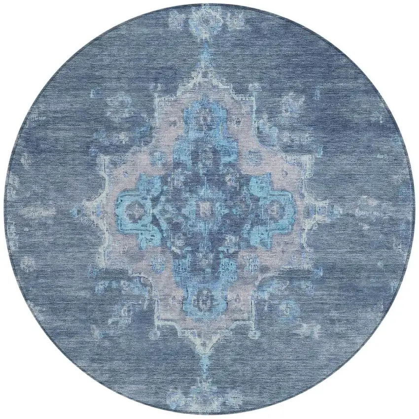 8' Blue And Gray Round Medallion Washable Indoor Outdoor Area Rug Photo 4