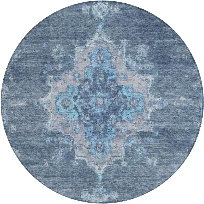 8' Blue And Gray Round Medallion Washable Indoor Outdoor Area Rug Photo 2