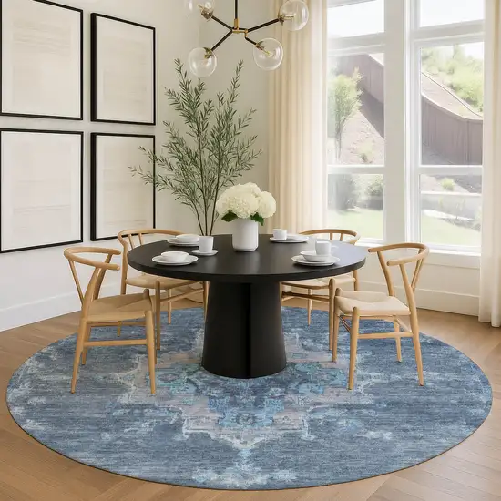 8' Blue And Gray Round Medallion Washable Indoor Outdoor Area Rug Photo 9