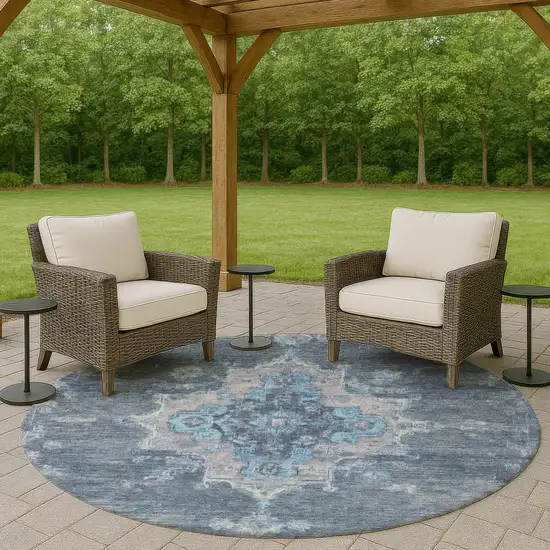 8' Blue And Gray Round Medallion Washable Indoor Outdoor Area Rug Photo 8