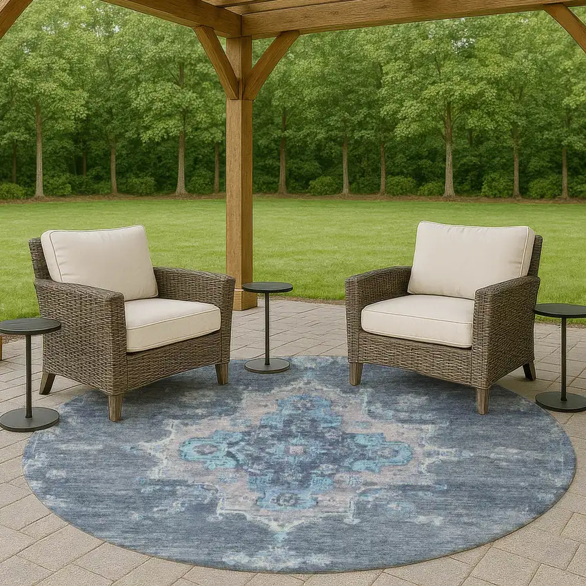 8' Blue And Gray Round Medallion Washable Indoor Outdoor Area Rug Photo 8
