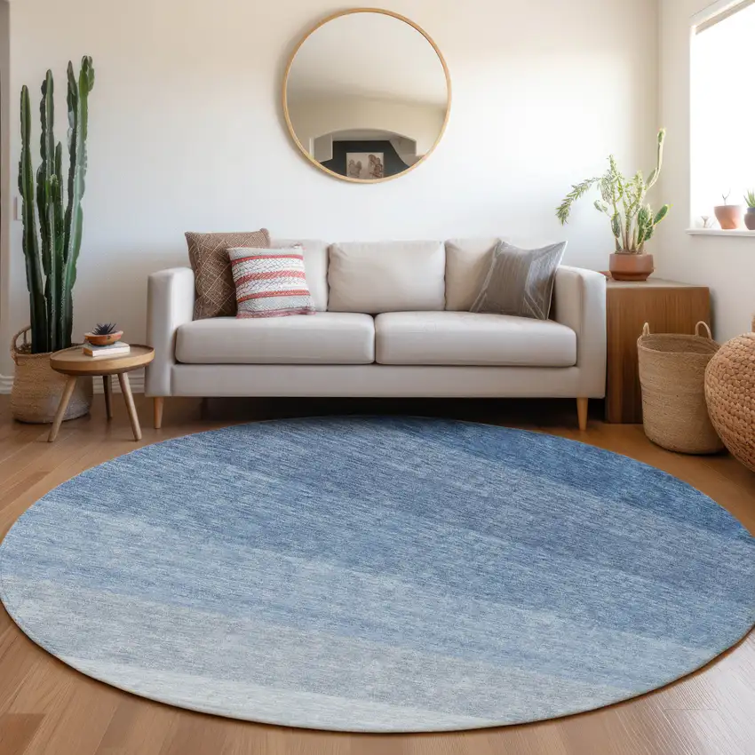 8' Blue And Gray Round Ombre Washable Indoor Outdoor Area Rug Photo 6