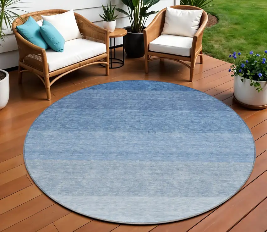 8' Blue And Gray Round Ombre Washable Indoor Outdoor Area Rug Photo 1