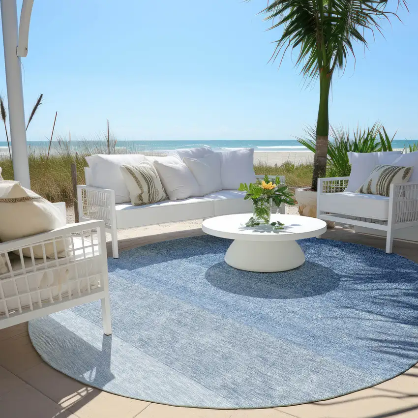 8' Blue And Gray Round Ombre Washable Indoor Outdoor Area Rug Photo 5