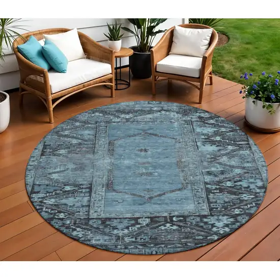 8' Blue And Gray Round Oriental Washable Indoor Outdoor Area Rug Photo 2