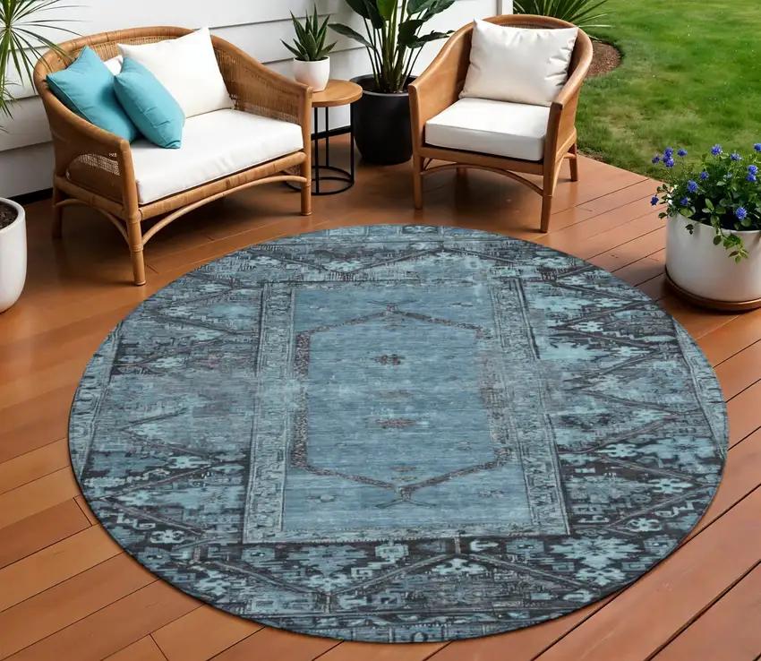 8' Blue And Gray Round Oriental Washable Indoor Outdoor Area Rug Photo 2