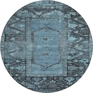 Photo of 8' Blue And Gray Round Oriental Washable Indoor Outdoor Area Rug