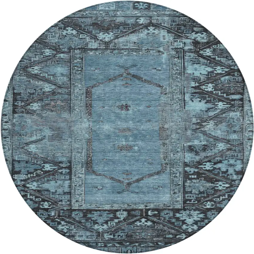 8' Blue And Gray Round Oriental Washable Indoor Outdoor Area Rug Photo 1