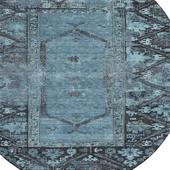 8' Blue And Gray Round Oriental Washable Indoor Outdoor Area Rug Photo 8