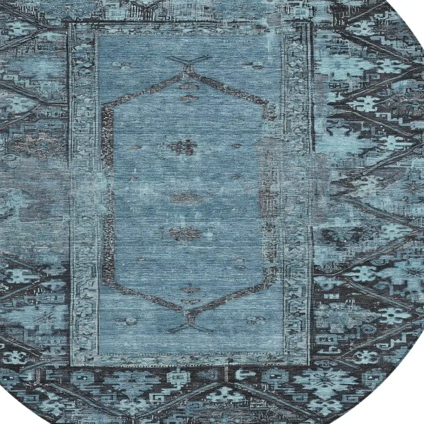 8' Blue And Gray Round Oriental Washable Indoor Outdoor Area Rug Photo 8