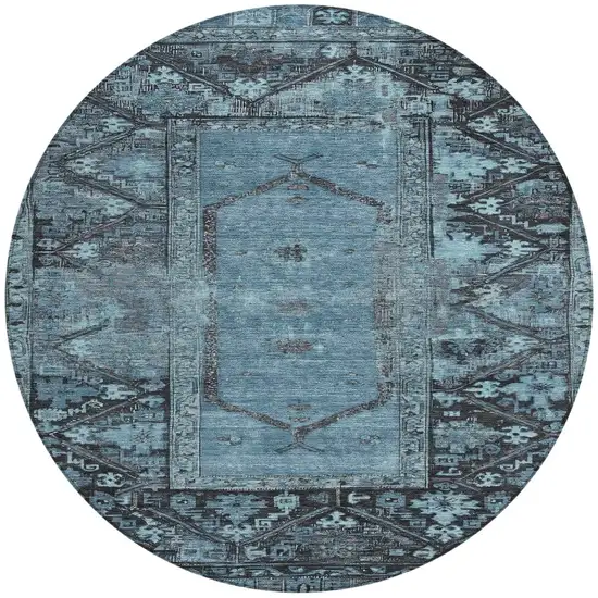 8' Blue And Gray Round Oriental Washable Indoor Outdoor Area Rug Photo 3