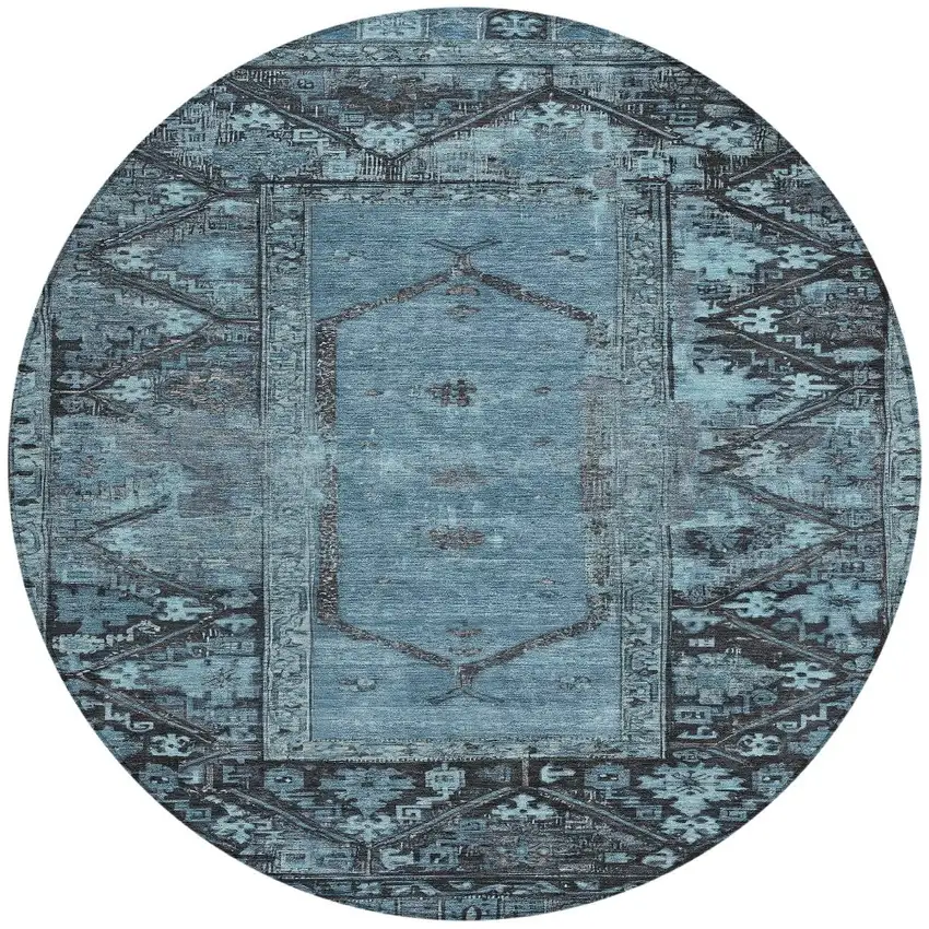 8' Blue And Gray Round Oriental Washable Indoor Outdoor Area Rug Photo 3