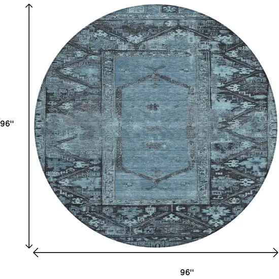 8' Blue And Gray Round Oriental Washable Indoor Outdoor Area Rug Photo 9