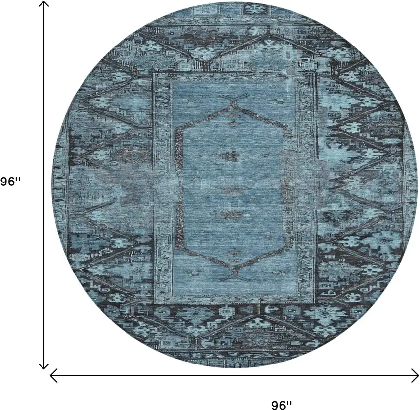 8' Blue And Gray Round Oriental Washable Indoor Outdoor Area Rug Photo 9