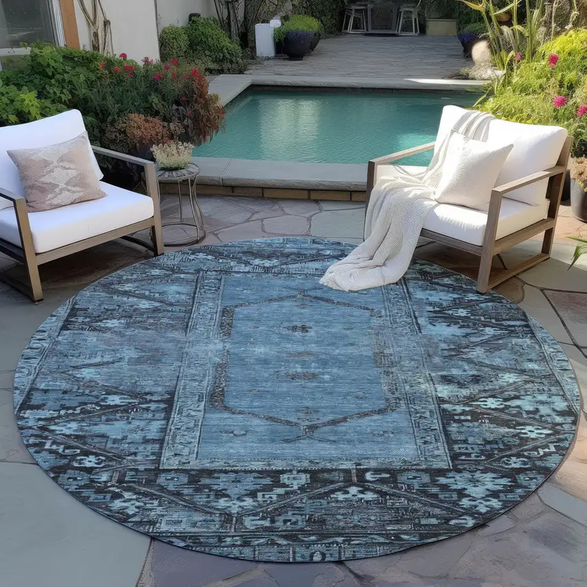 8' Blue And Gray Round Oriental Washable Indoor Outdoor Area Rug Photo 5