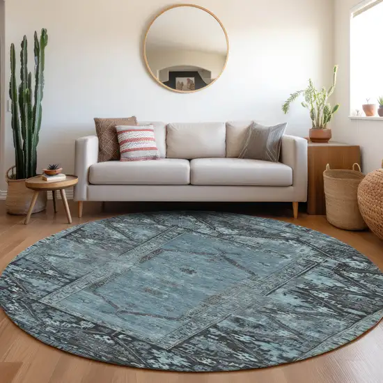 8' Blue And Gray Round Oriental Washable Indoor Outdoor Area Rug Photo 6