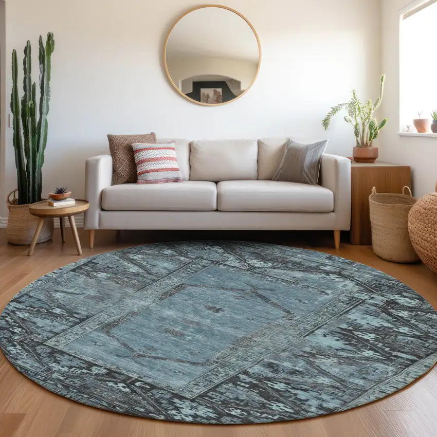 8' Blue And Gray Round Oriental Washable Indoor Outdoor Area Rug Photo 6