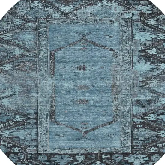8' Blue And Gray Round Oriental Washable Indoor Outdoor Area Rug Photo 4