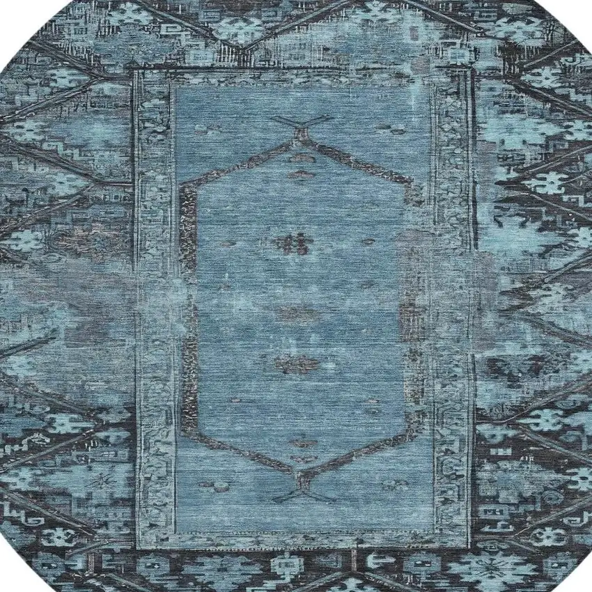 8' Blue And Gray Round Oriental Washable Indoor Outdoor Area Rug Photo 4