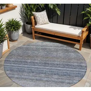 Photo of 8' Blue And Gray Round Striped Washable Indoor Outdoor Area Rug