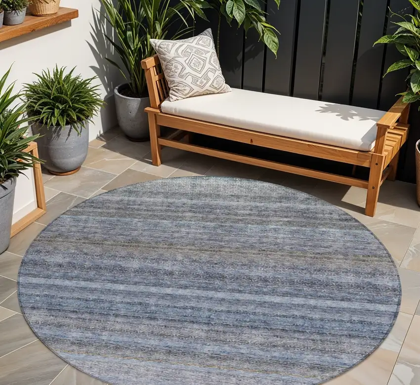 8' Blue And Gray Round Striped Washable Indoor Outdoor Area Rug Photo 1