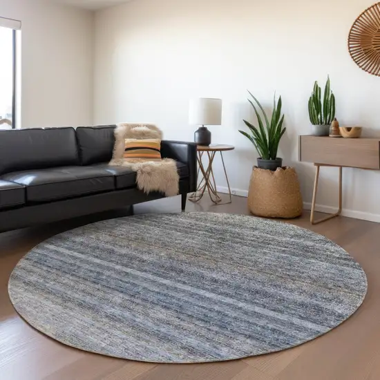 8' Blue And Gray Round Striped Washable Indoor Outdoor Area Rug Photo 7