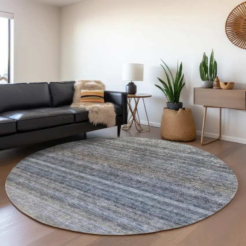 8' Blue And Gray Round Striped Washable Indoor Outdoor Area Rug Photo 7