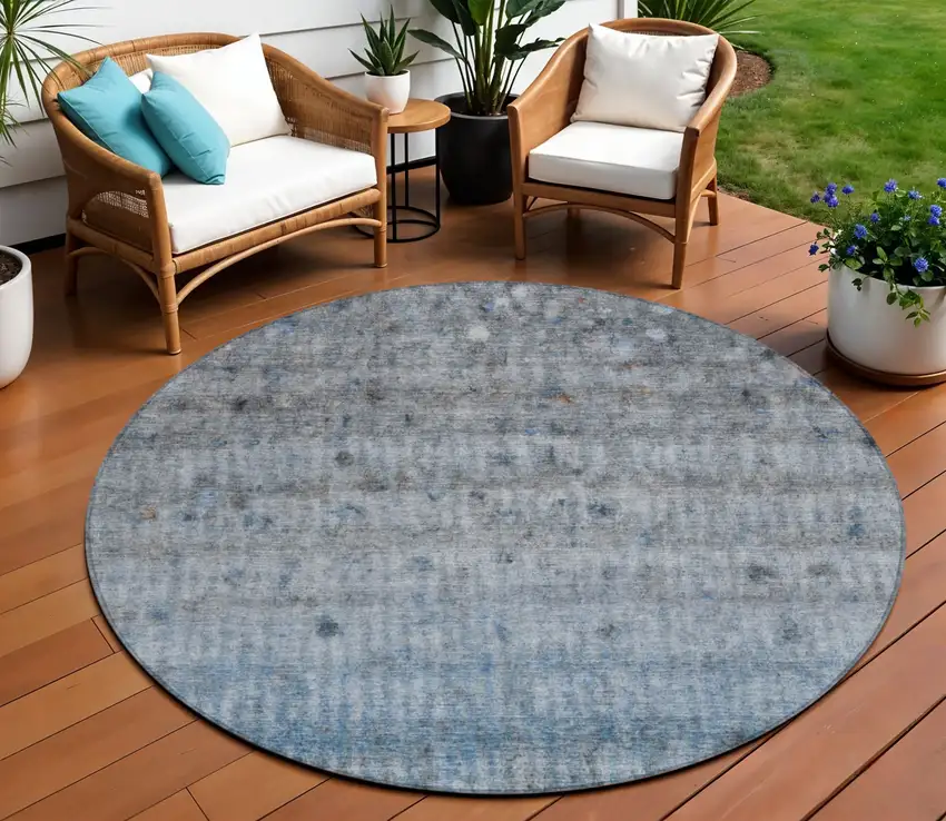 8' Blue And Gray Round Striped Washable Indoor Outdoor Area Rug Photo 1