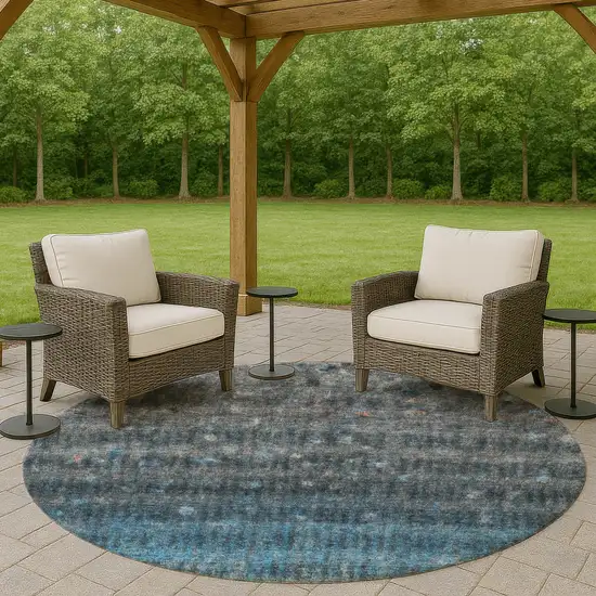 8' Blue And Gray Round Striped Washable Indoor Outdoor Area Rug Photo 8