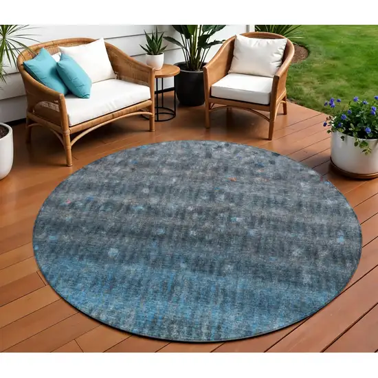 8' Blue And Gray Round Striped Washable Indoor Outdoor Area Rug Photo 1