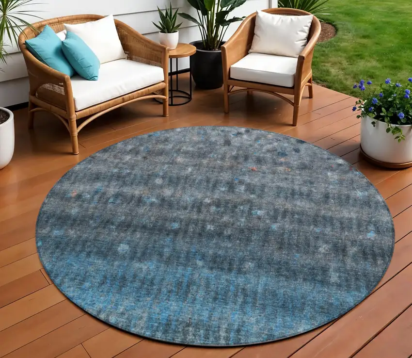 8' Blue And Gray Round Striped Washable Indoor Outdoor Area Rug Photo 1
