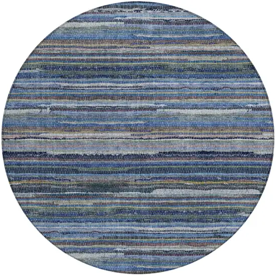 8' Blue And Gray Round Striped Washable Indoor Outdoor Area Rug Photo 2