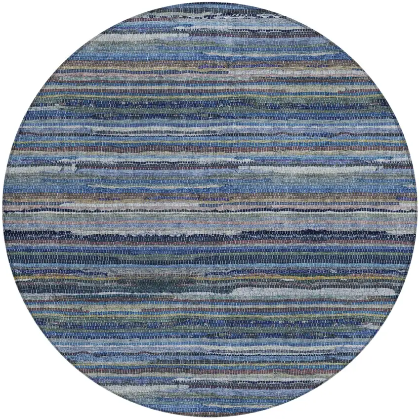 8' Blue And Gray Round Striped Washable Indoor Outdoor Area Rug Photo 2