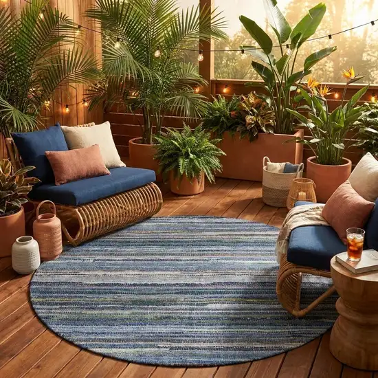 8' Blue And Gray Round Striped Washable Indoor Outdoor Area Rug Photo 1