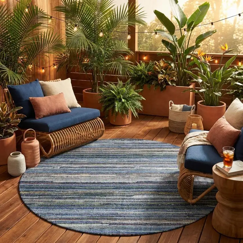 8' Blue And Gray Round Striped Washable Indoor Outdoor Area Rug Photo 1