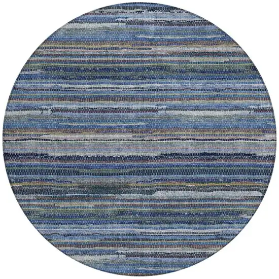 8' Blue And Gray Round Striped Washable Indoor Outdoor Area Rug Photo 4