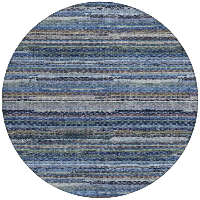 8' Blue And Gray Round Striped Washable Indoor Outdoor Area Rug Photo 4
