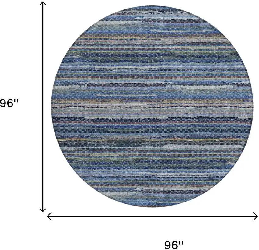 8' Blue And Gray Round Striped Washable Indoor Outdoor Area Rug Photo 7