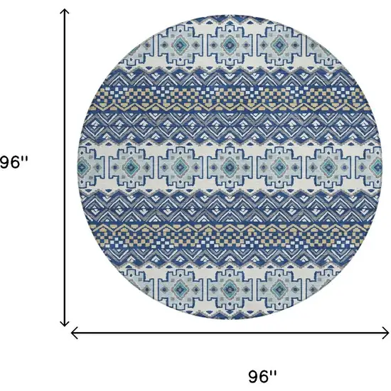 8' Blue And Gray Round Striped Washable Indoor Outdoor Area Rug Photo 5