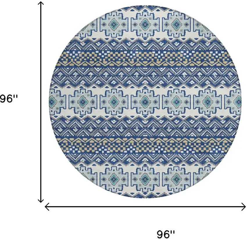 8' Blue And Gray Round Striped Washable Indoor Outdoor Area Rug Photo 5