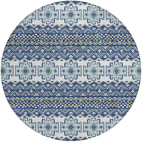 8' Blue And Gray Round Striped Washable Indoor Outdoor Area Rug Photo 2