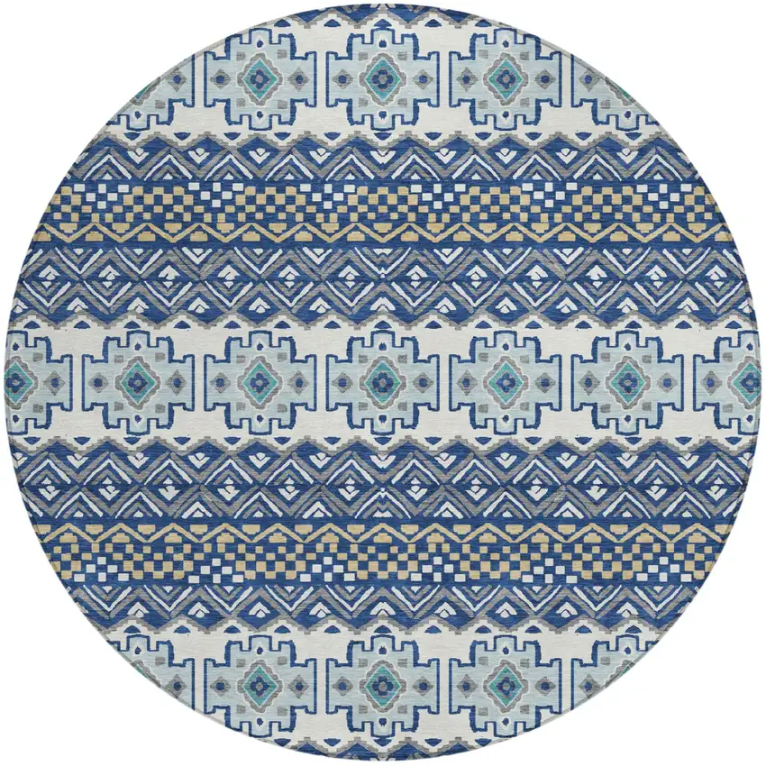 8' Blue And Gray Round Striped Washable Indoor Outdoor Area Rug Photo 2
