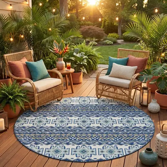 8' Blue And Gray Round Striped Washable Indoor Outdoor Area Rug Photo 1