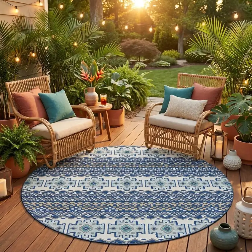 8' Blue And Gray Round Striped Washable Indoor Outdoor Area Rug Photo 1