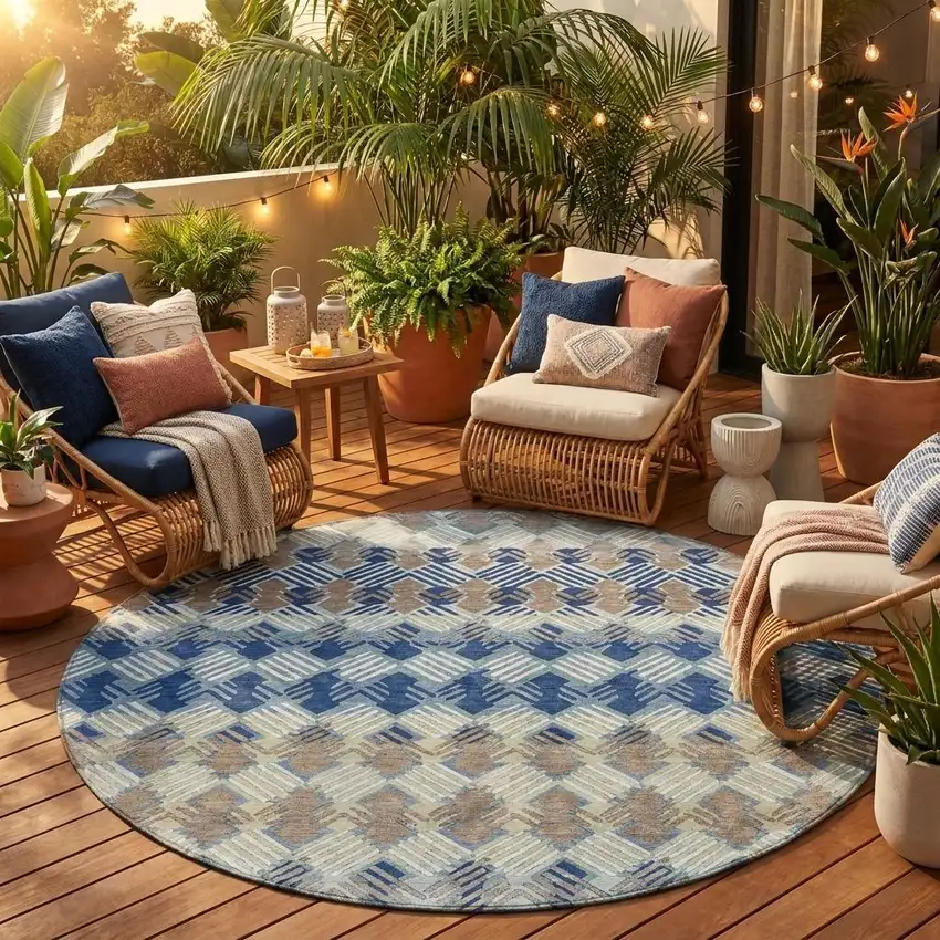 8' Blue And Gray Round Striped Washable Indoor Outdoor Area Rug Photo 1