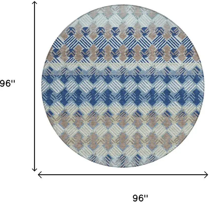 8' Blue And Gray Round Striped Washable Indoor Outdoor Area Rug Photo 5
