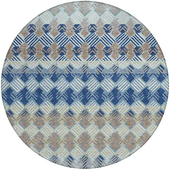 8' Blue And Gray Round Striped Washable Indoor Outdoor Area Rug Photo 2