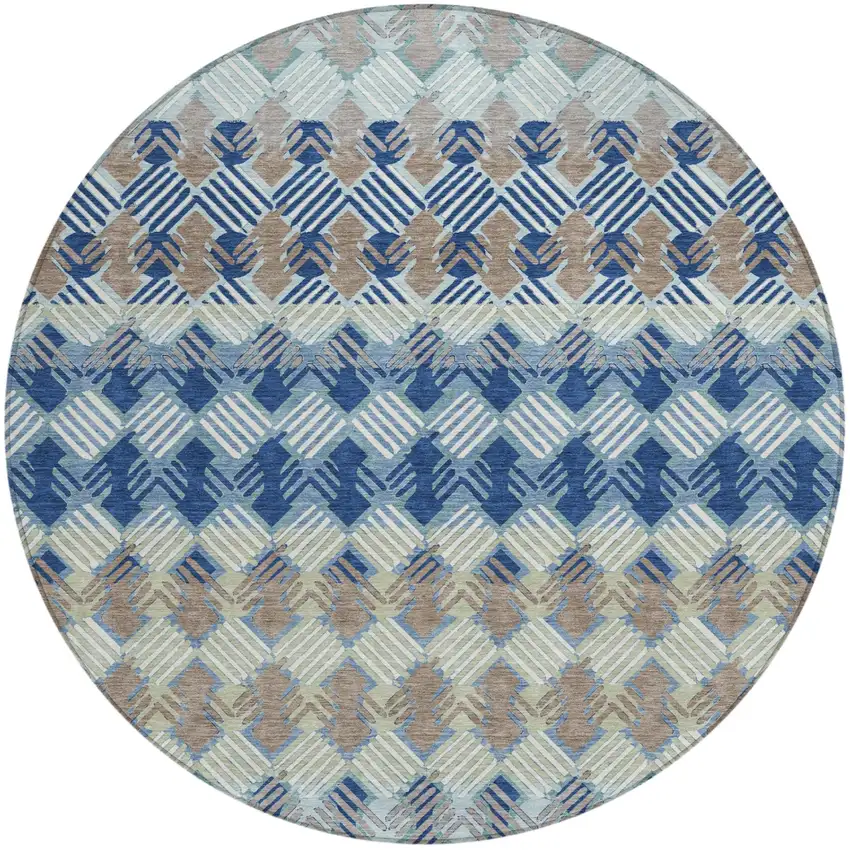 8' Blue And Gray Round Striped Washable Indoor Outdoor Area Rug Photo 2