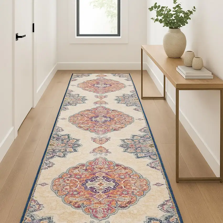 12' Blue And Gray Southwestern Runner Rug Photo 1