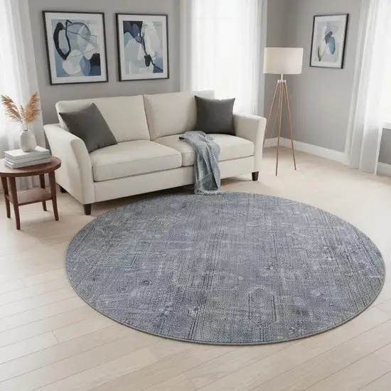 8' Blue And Gray Southwestern Washable Round Rug With UV Protection Photo 2